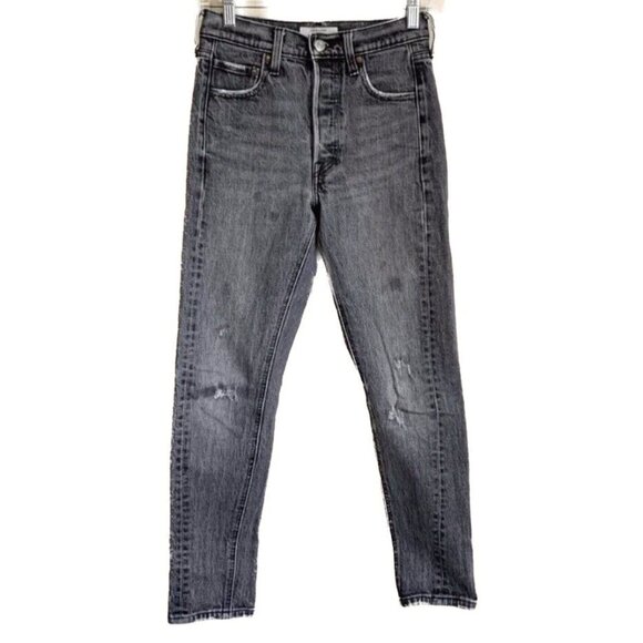 Levi’s Womens Button Fly 501 Skinny Jean Sz 24 Black Acid Wash Grunge Distressed - Picture 1 of 13